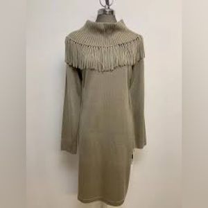 Calvin Klein modern khaki fringed cowl neck sweater dress — size L